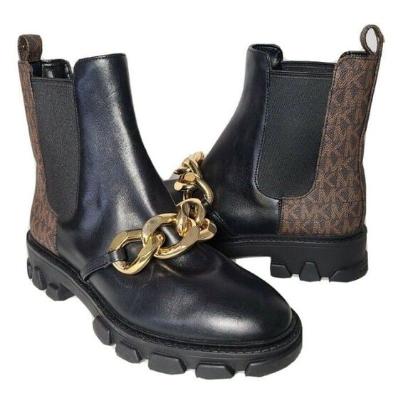MICHAEL Michael Kors Women boots Scarlett Bootie Chelsea chain black logo sz 6